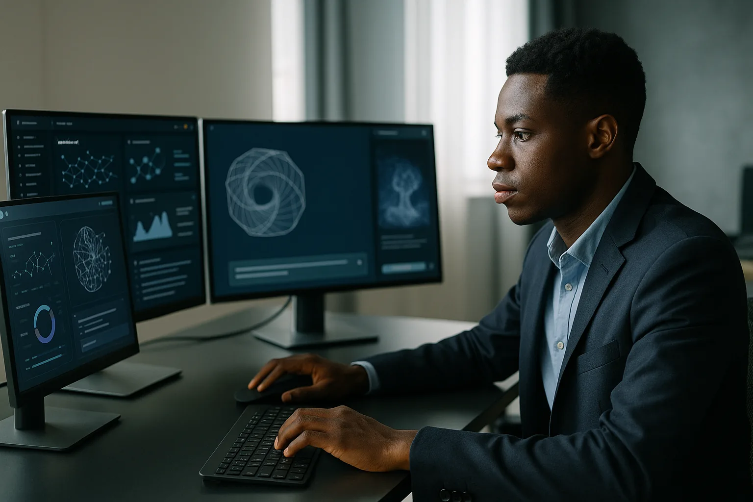 A young professional orchestrating AI tools across multiple screens