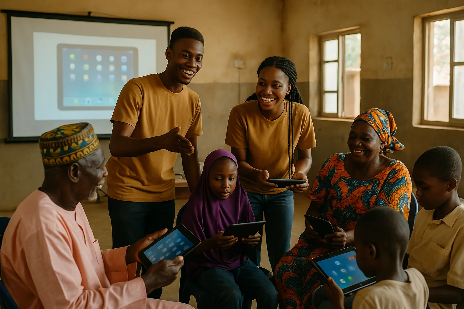 Volunteers running a digital literacy session in a community hall
