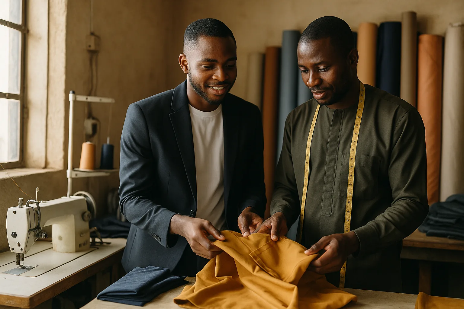 A young entrepreneur checking garments in a fashion production workshop