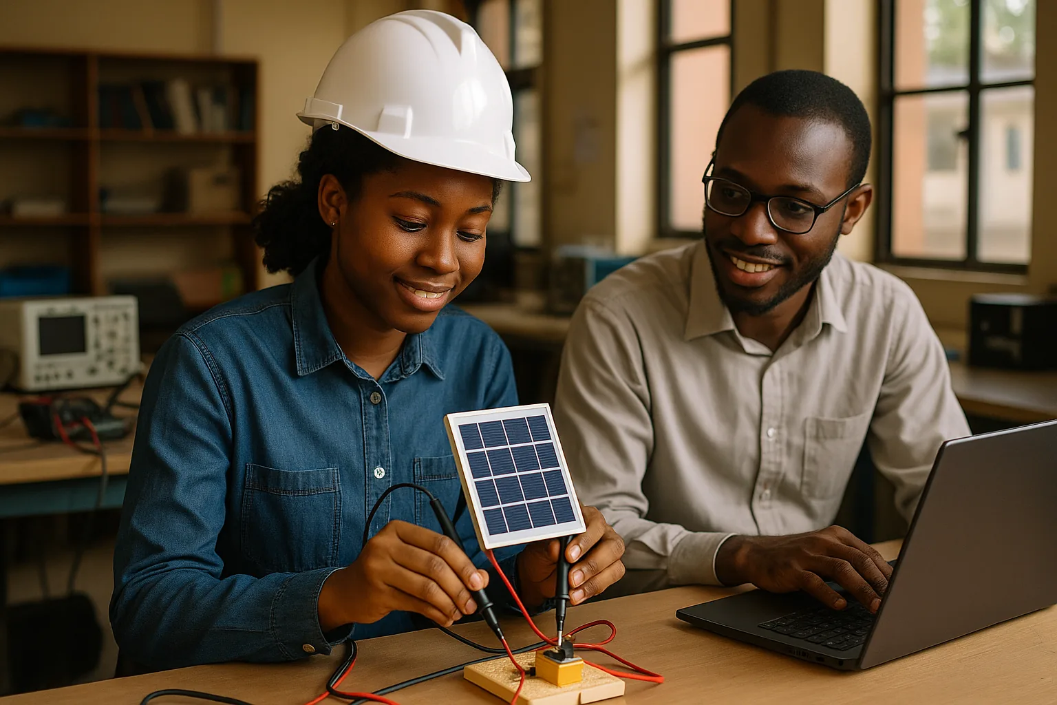 An engineer and a researcher testing a solar-powered device in a laboratory