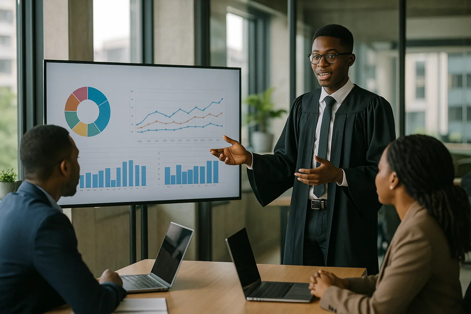 A young graduate presenting analysis to a professional team