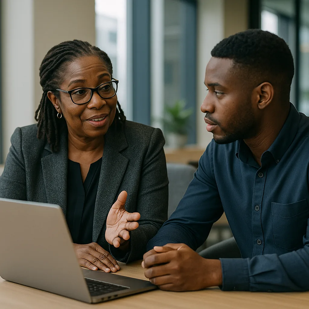 A mentor reviewing work with a participant